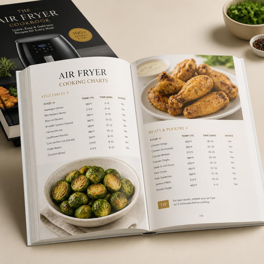 Guía digital Sistema Air Fryer Perfecta abierta mostrando tablas de cocción